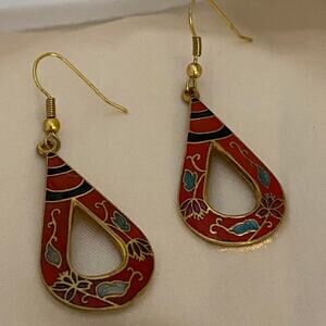 Vintage 80s Red Cloisonné Floral Teardrop Black Stripes Gold Tone Earrings
